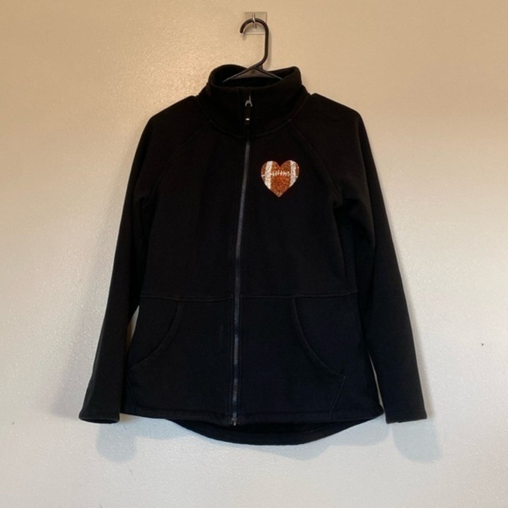 Sketchers black full zip high collard jeweled heart football pocket jacket